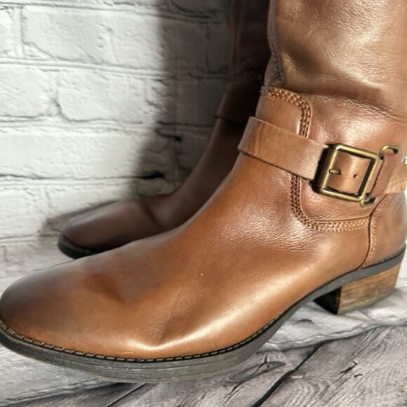 ARTURO CHIANG Brown Leather Tall Heeled Boots Riding Size 9 Stacked Heel - Picture 5 of 11